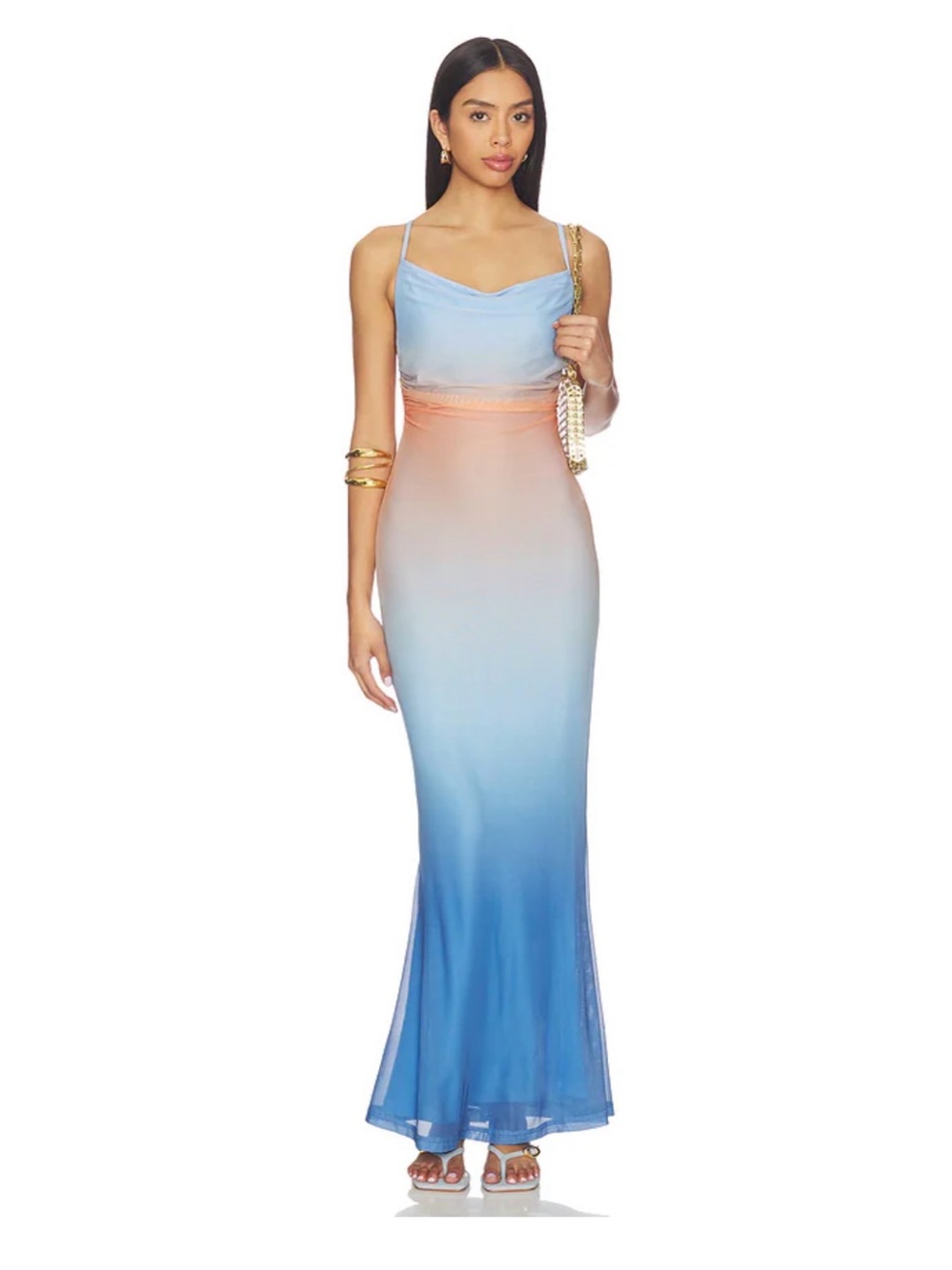 MINKPINK Ombre Blue to Peach Cowl Neck Slip Maxi Dress